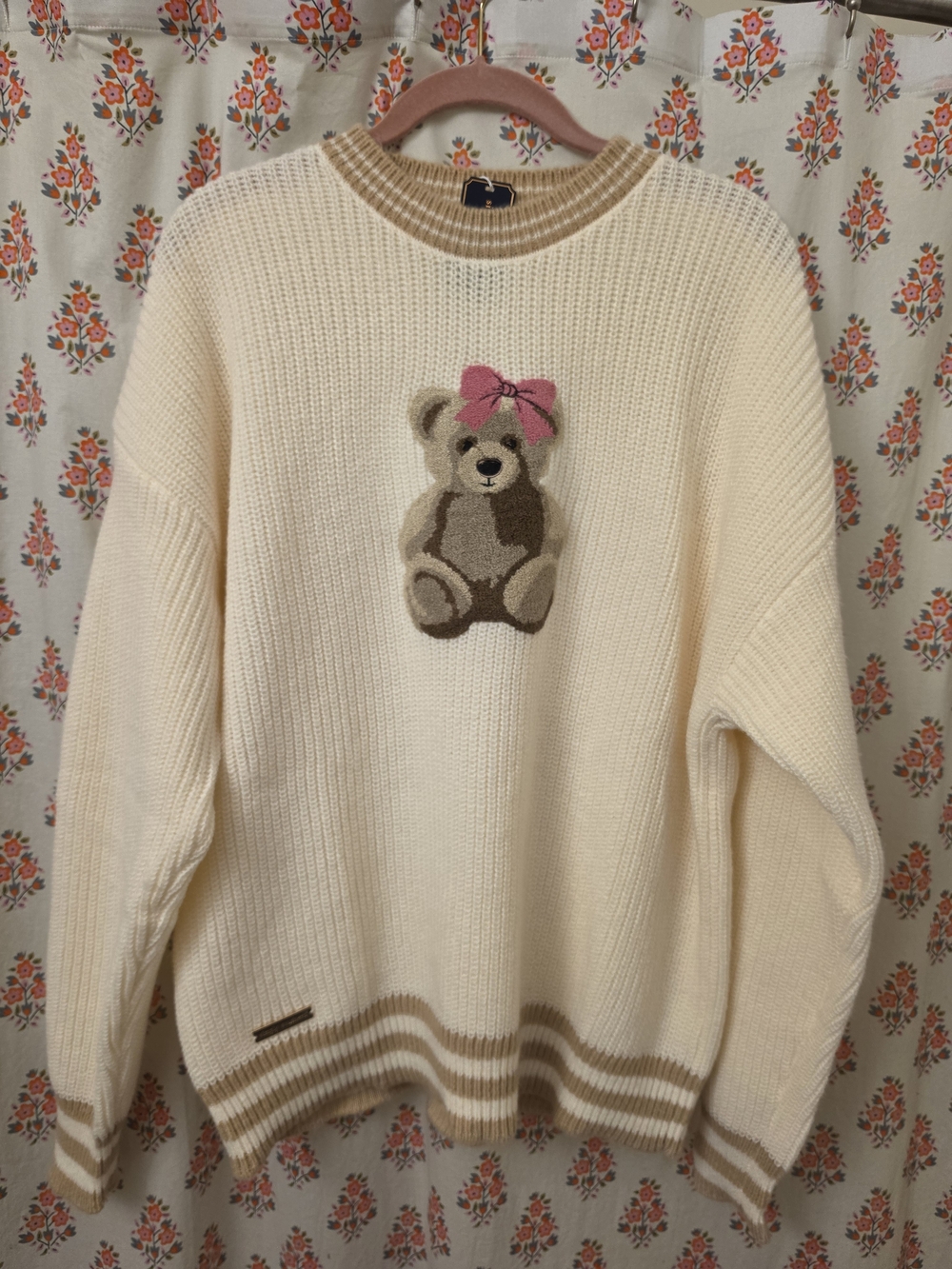 Cream Teddy Bear Knit Sweater with Pink Bow